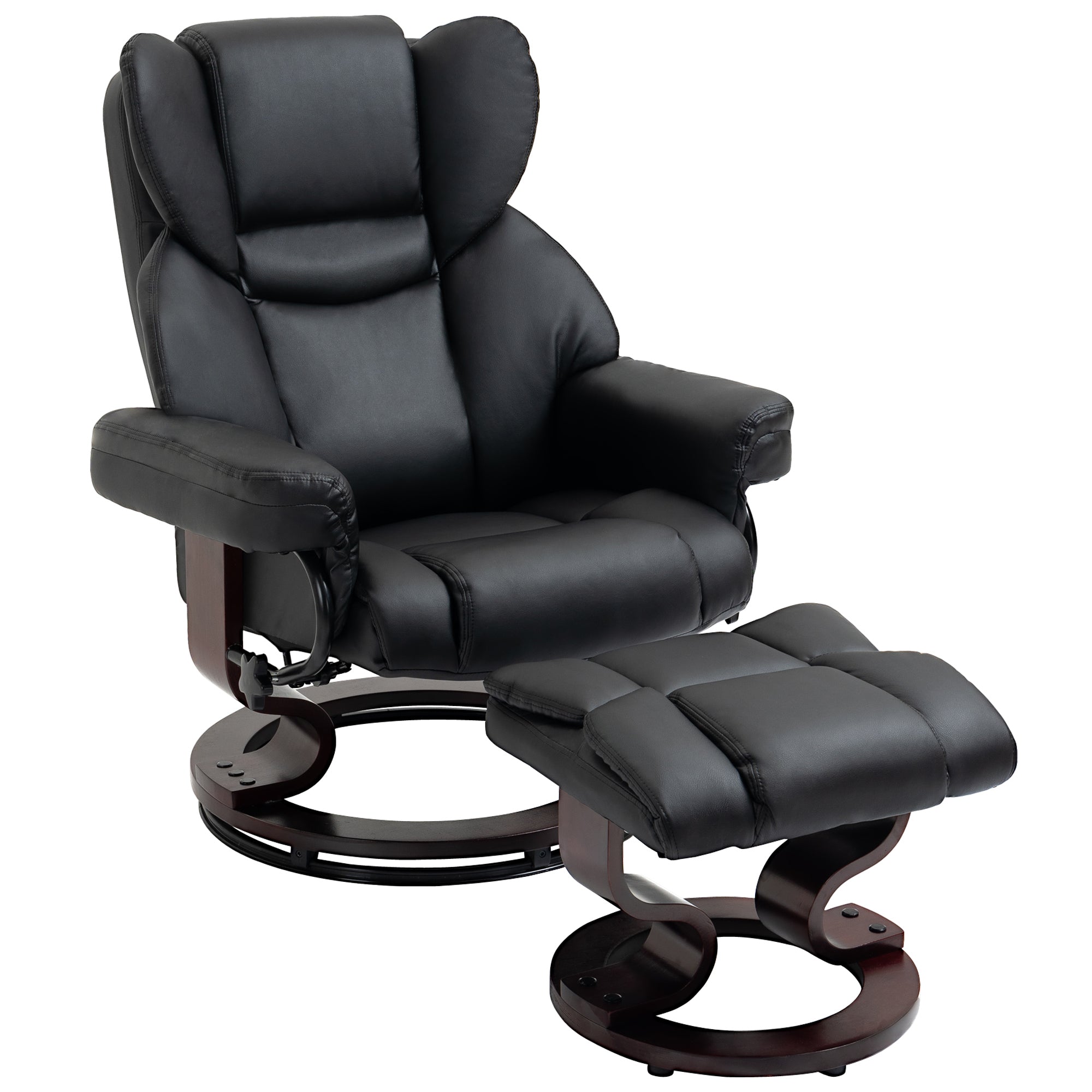HOMCOM 360° Swivel Recliner Chair with Footstool, PU Leather Manual Recliner Armchair with Solid Wood Base, Upholstered Reclining Chair for Living Room, Bedroom, Office, Black
